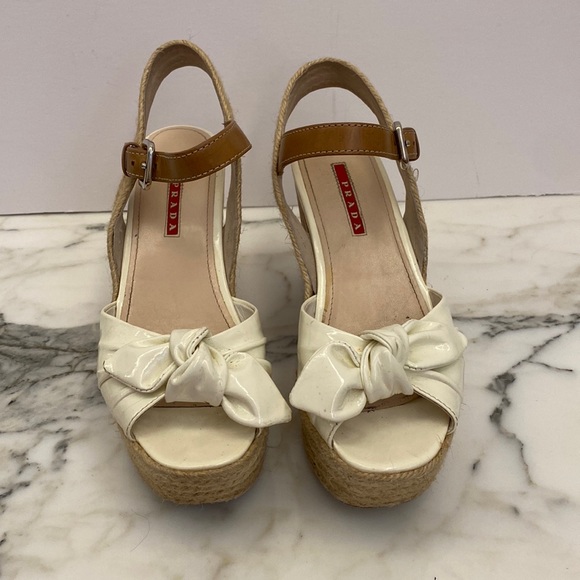 Prada Shoes - Prada Bianco Patent Leather Vernice Wedge 37